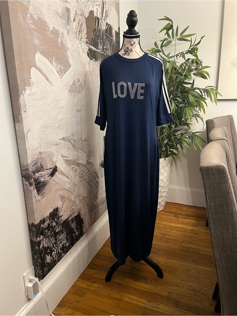 Navy Maxi Dress with 'LOVE' Front and Sport Stripe Sleeves